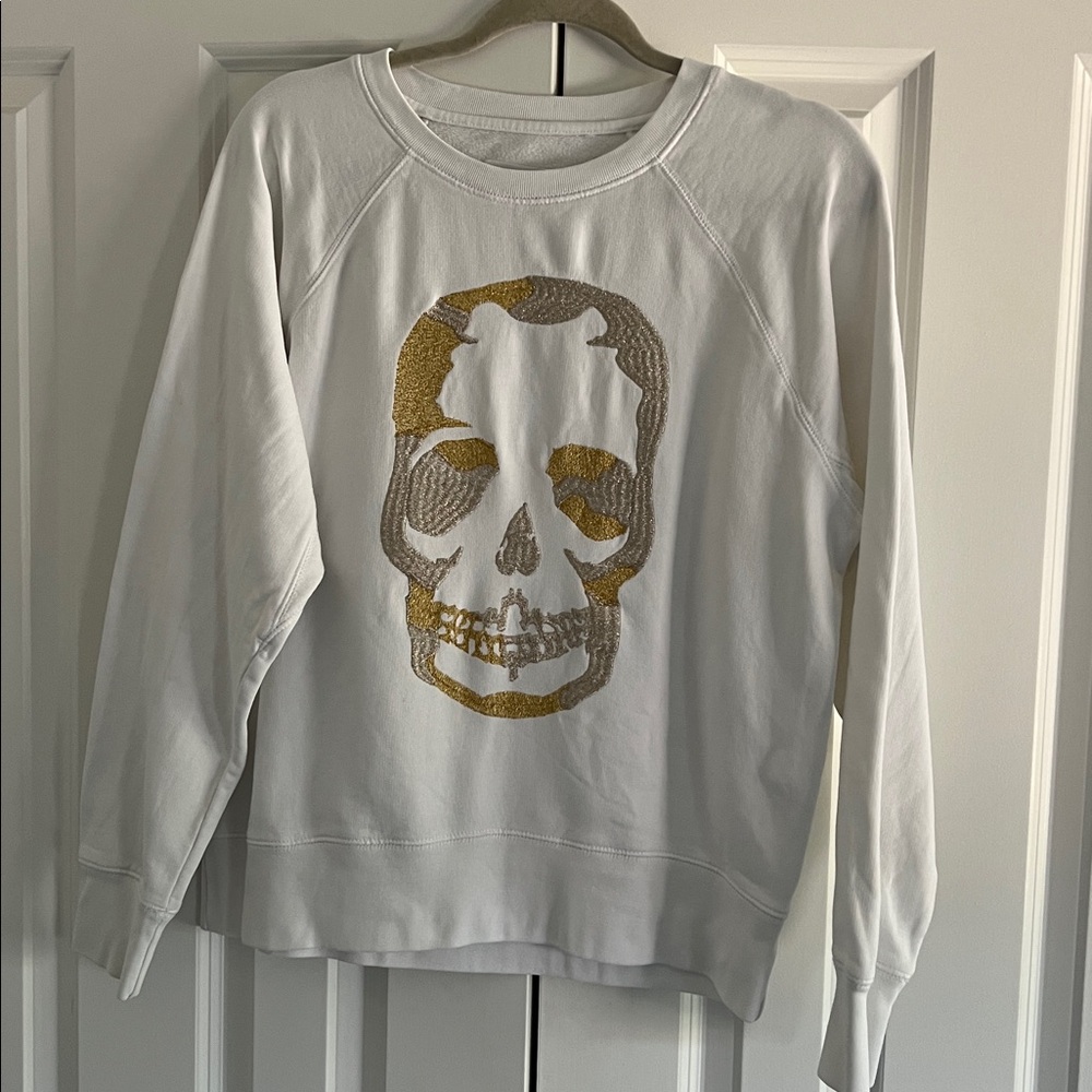 Zadig & Voltaire White Sweatshirt with Gold Glitter Skull size Small